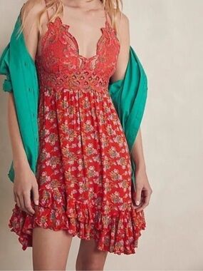Free People Adella Floral Coral/Red Lace-Trim Sundress Size XS